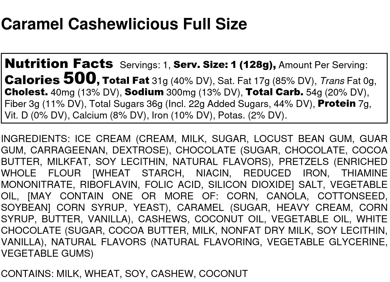 Caramel Cashewlicious Full Size Nutrition Label