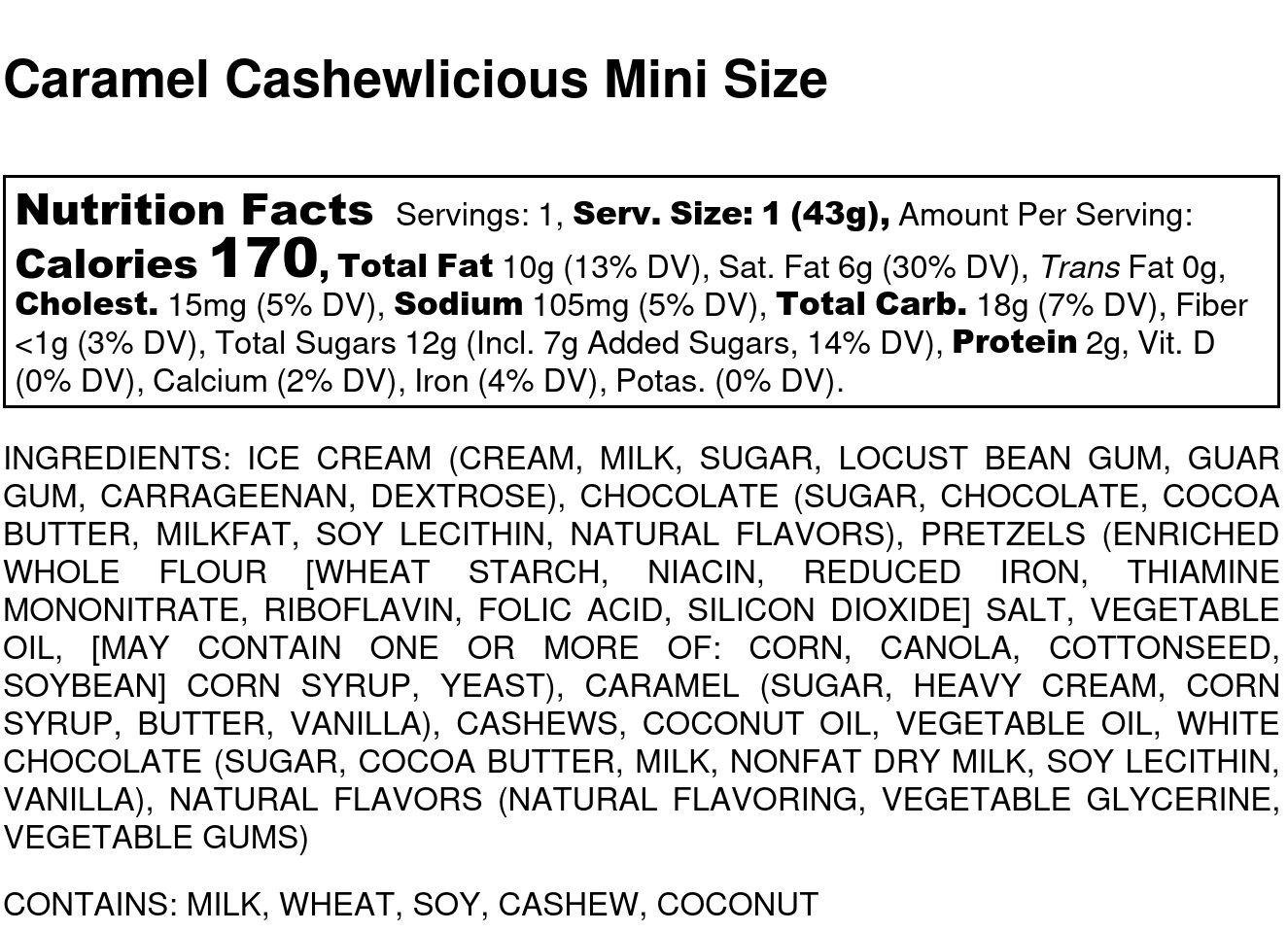 Caramel Cashewlicious Mini Size Nutrition Label