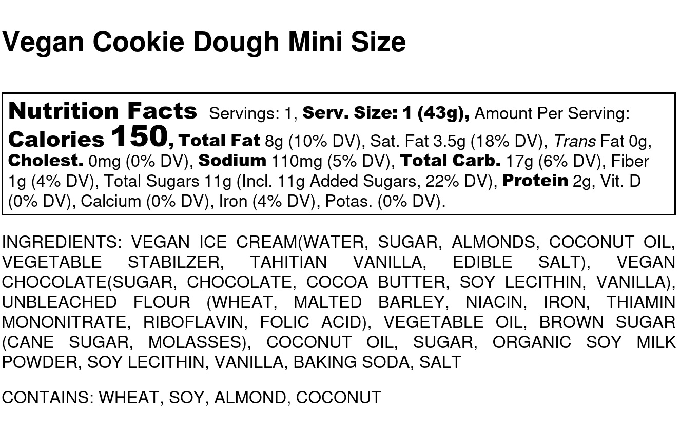 Vegan Cookie Dough Mini Size Nutrition Label
